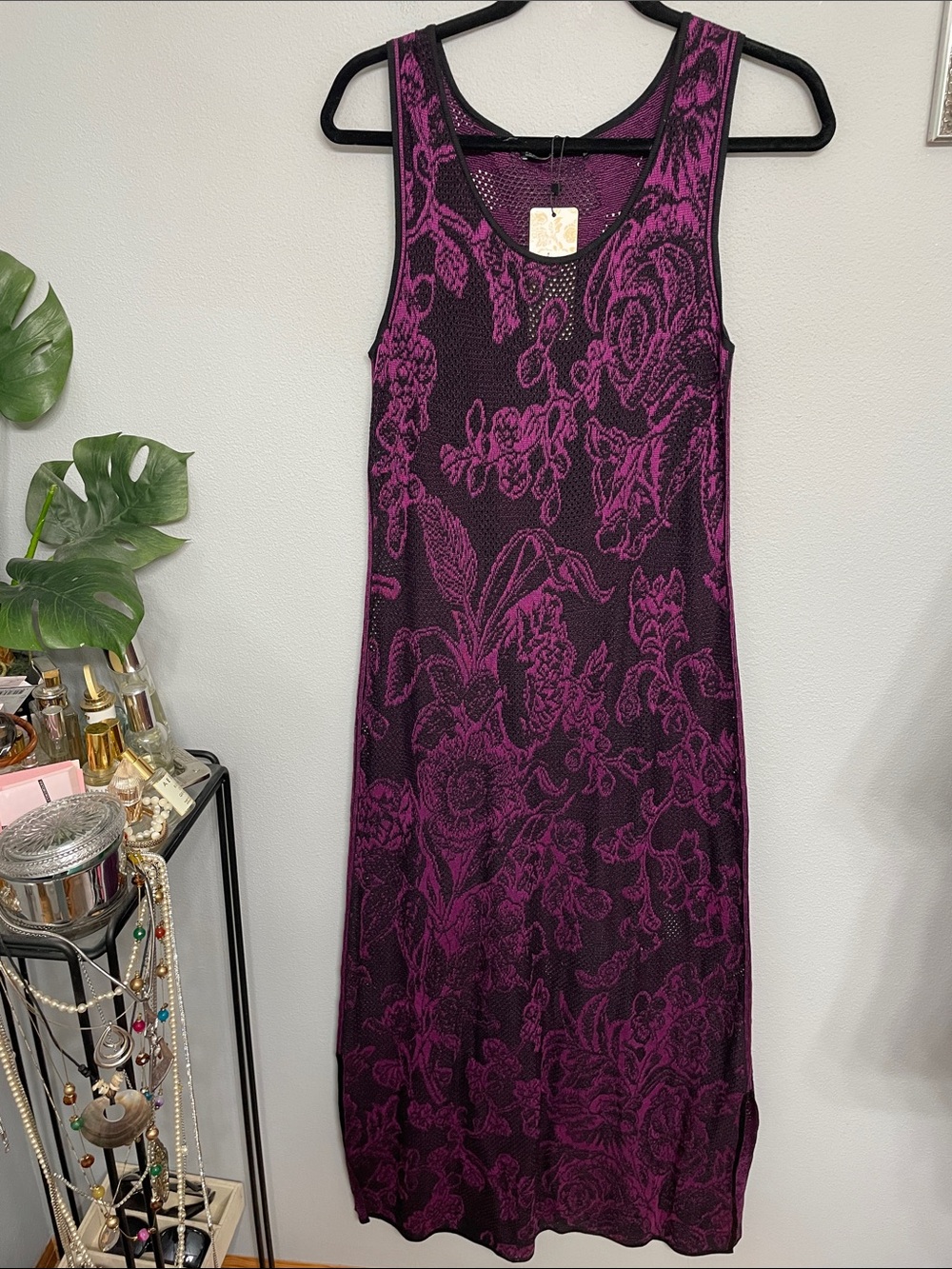 NWT Peruvian Connection Damask Rose Knit Maxi Dress Size M Plum Pink Floral